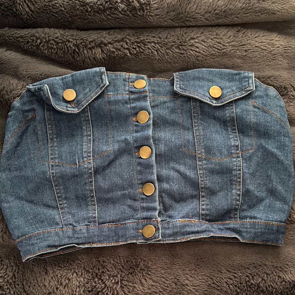 Denim Strapless Top with Gold Buttons